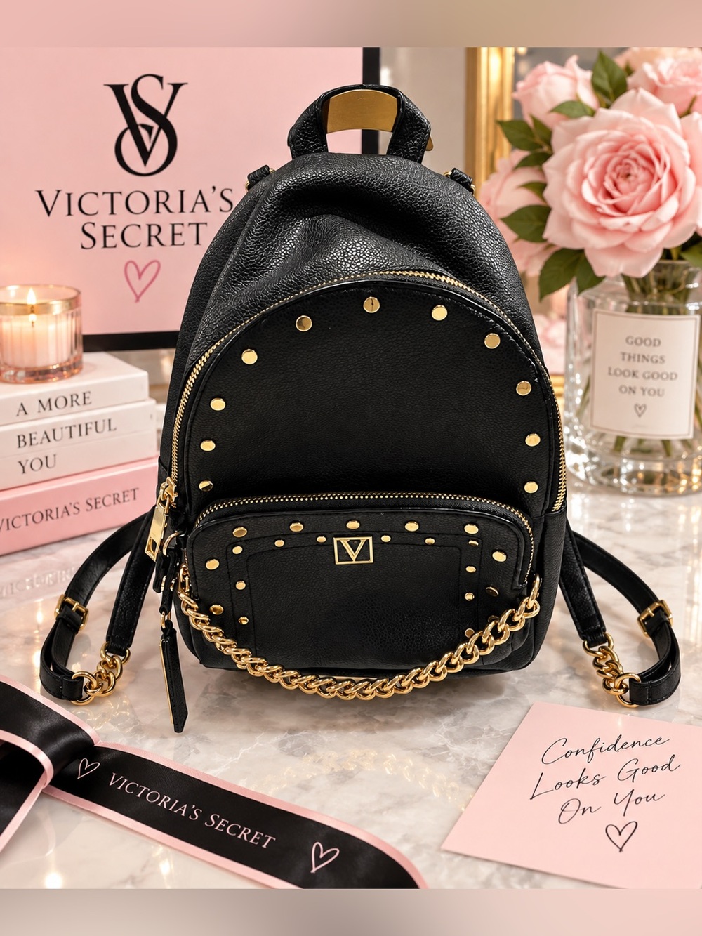 Victoria’s Secret “The Victoria” Small Backpack Black Gold Studs Chain